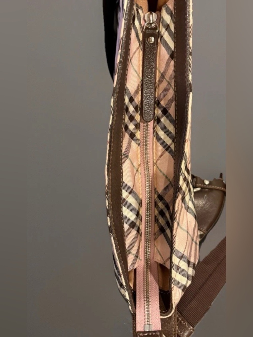 Vintage Burberry Blue Label Pink Nova Check Canvas Brown Leather Crossbody Bag - Picture 13 of 16